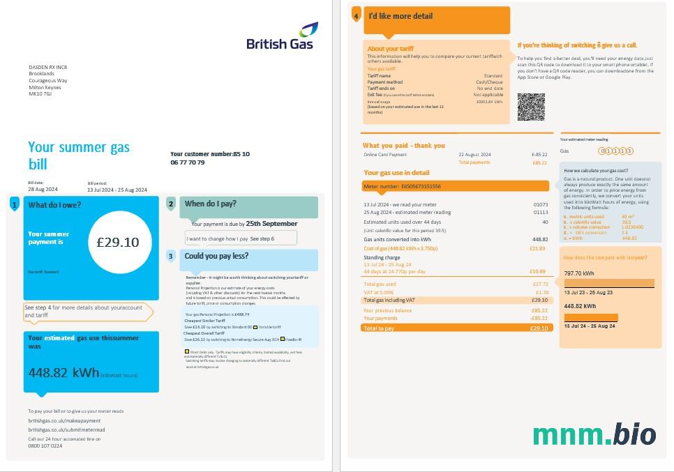 Wielka Brytania British Gas rachunek za usługi komunalne, Word and PDF template, 4 pages 1-2